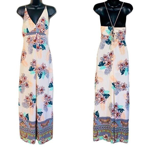 Ark & Co Abstract Tropical Floral Print Lace Up Back Crepe Jumpsuit Sz S - Picture 2 of 15